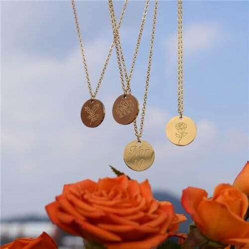 Disc Pendant Birth Flower Necklace For Women Birth Month Choker Necklaces Stainless Steel Birthday Gift BFF Bijoux Femme