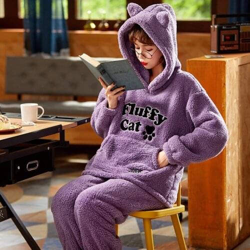 Coral Fleece Winter Pajamas Women Sleepwear High Quality Sherpa Hooded Pajama Set Inspissate Plus Size Cartoon Nightgown Retro