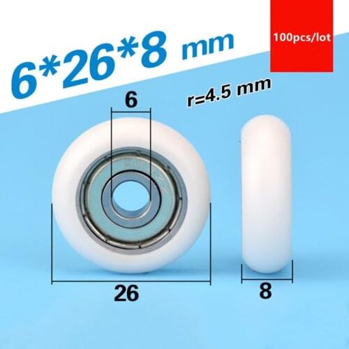 100pcs circular arc plastic coated bearing 626ZZ 626 6*26*8mm R type POM nylon pulley roller aluminium profile track wheel