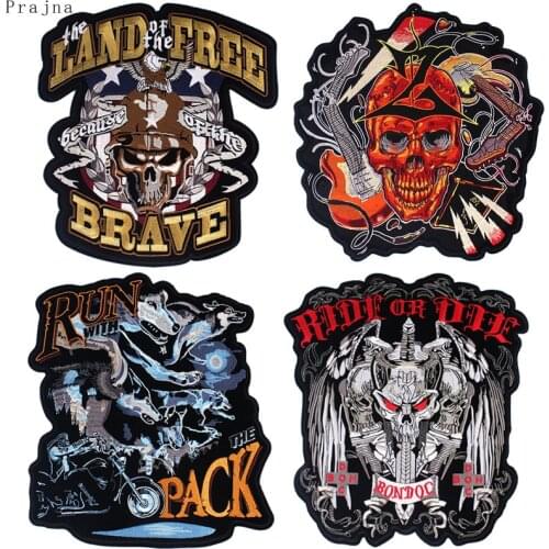 Prajna Skull Iron On Embroidered Patches Stripes For Clothes Biker Applique Big Motorcycle Patch Ironing Patch Rock Stickers DIY