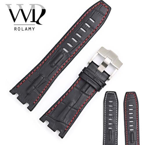 Rolamy 28mm Watchbands Strap Belt With Silver Buckle Black Real Leather Handmade Thick Wrist New High Quality Man Watch Band