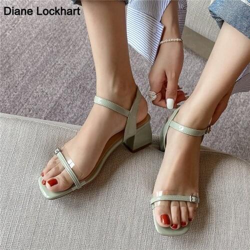 Sandals Women 2021 Summer New Shoes Ladies Square Hight Heels Office Elegant Ankle Strap Pumps Female Cover Heels Beige Green