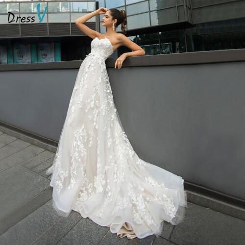 Dressv Sweetheart Neck Wedding Dress A Line Appliques Bowknot Lace Garden/Outdoor Court Train Wedding Dresses Custom