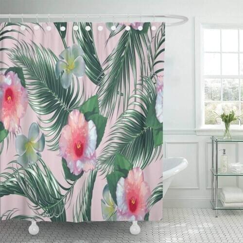 Fabric Shower Curtain Colorful Leaf Tropical Flowers Palm Leaves Hibiscus Floral Pattern Exotic Green Beauty Bathroom Curtains