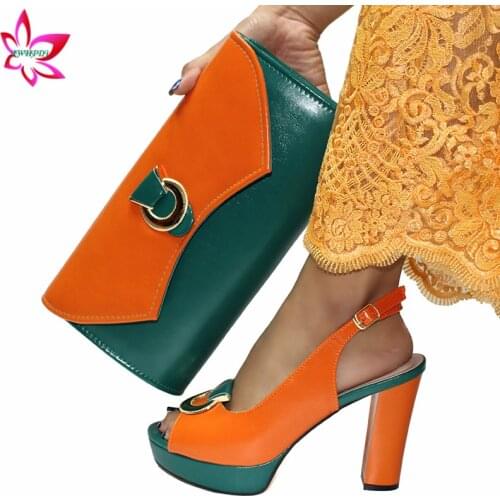 Platform Super High Heels African Shoes and Bag High Quality Sandals Matching Bag in Orange with Green Color For Royal Party