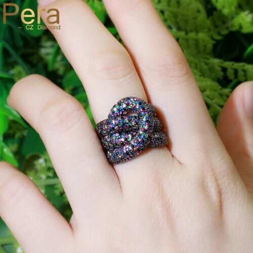 Pera Trendy Multicolor Cubic Zirconia Black Gold Big Geometry Round Resizable Finger Rings for Women Wedding Party Jewelry R158