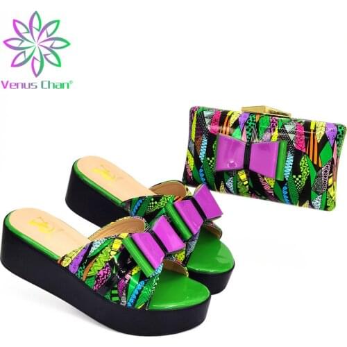 Slippers 2021 Office Lady New Arrivals Shoes Matching Bag in Green Color Casual Style Peep Toe with Shinning Crystal for Wedding