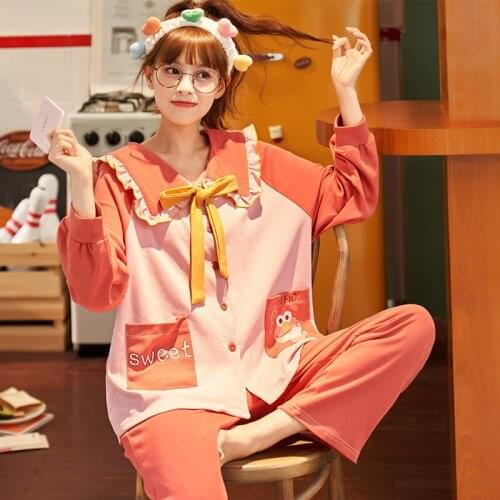 Womens Autumn And Winter Lapel Cardigan Long Sleeve Korean Casual Loose Home Suit Pajama Set 2021 Spring Cotton Pajamas