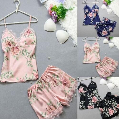 2PCS Women Silk Satin Lace Robe Crop Tops Shorts Sleepwear Floral Print Lace Babydoll Nightdress Pajamas Set