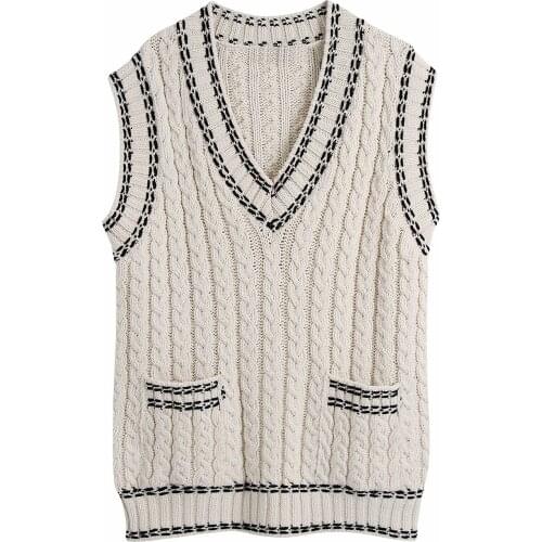 SHEROUSE Vintage Women Knit Sweater Vest with Stitching details Casual Chic Lady V-neck Sleeveless Woman Sweaters Pullovers