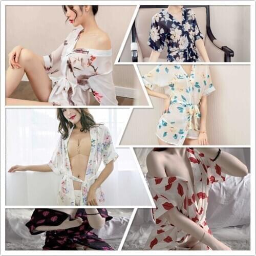 2020 Hot New Japanese Style Kimono Dress for Woman Sexy Transparent Floral Printed Sleepwear Oriental Chiffon Nightgown Bathrobe