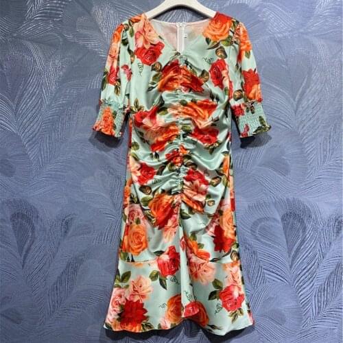 Summer 2021 Runways Womens High Quality floral print V-neck Short Sleeves Dress C148