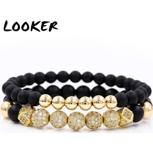 2PCS/Set Couple His Hers Bracelets Sets Women Mens Distance Black Matte Stone CZ Crown King Tube Charm Bracelet Sets Lovers