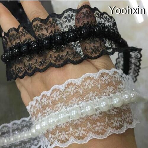 4.2cm New Pearl White Black Tulle Lace Fabric Trim Ribbon Collar DIY Sewing Applique Flowers Embroidered 3D Dubai Guipure Supply