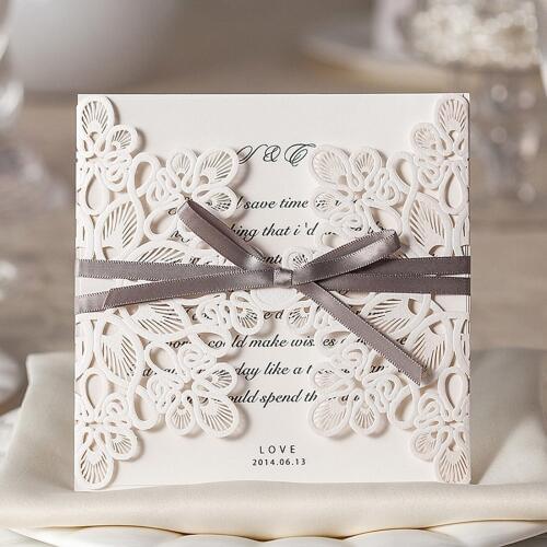 50pcs/lot Elegant Blank White Laser Cut Wedding Invitation Card with Ribbon, for Quinceanera Baby Shower Birthday Party Favors