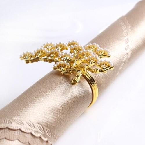 6pcs/lot Pearl pine tree napkin buckle zinc alloy napkin ring western table decoration gold pearl napkin ring