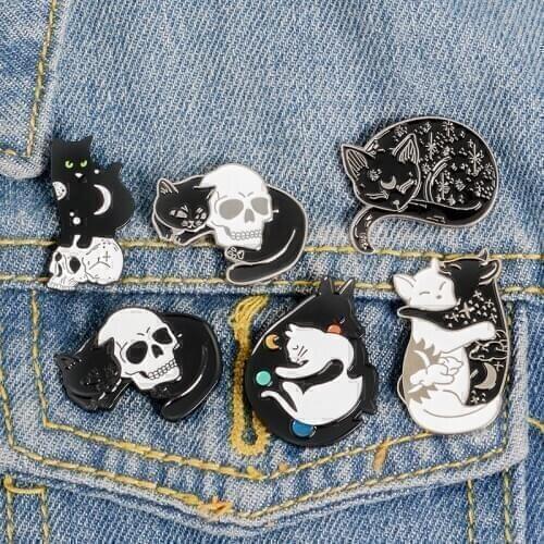 Mystical Witch Cat Enamel Pin Moon and Stars Cat Badge Brooch Lapel Pins Denim Jeans Shirt Bag Punk Jewelry Gift for friend