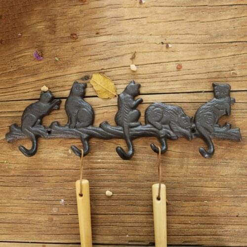 Antique Black Five Cats Cast Iron Metal Hook European Country Side Accents Handmade Home Garden Decor Large Wall Mounted Hangers