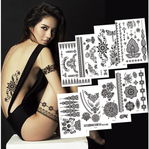 Stockings Tattoo Legs Black Henna Lace Bracelet Temporary Tatoo Sticker Mehndi Stickers for Hand Finger Leg Thigh Body Art Decal