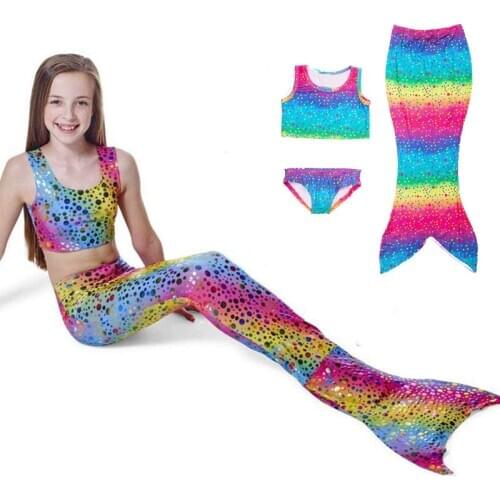 Children Princess Ariel Little Mermaid-Tail Dress Rainbow Dot Kids Fanny Mermaid Tail Halloween Costume Swimmable Mermaid Tails