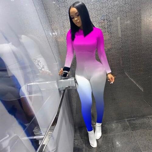 Women Gradient Print Long Sleeve Sport Bodycon Jumpsuit Bandage Skinny Jumpsuit Streetwear Autumn Winter Romper Outfits