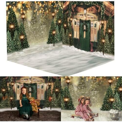 Photography Backdrop Winter Christmas Rustic Wooden Bokeh Glitter Photo Background Green Pine Christmas Decor Photocall