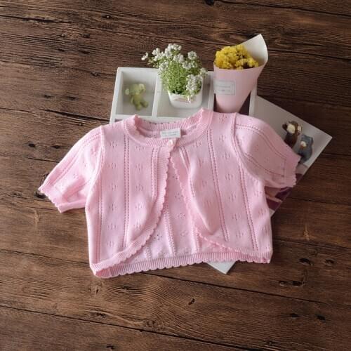 Sweet Beach Summer Girls Pink Cardigan Sweater Short-sleeved Kids Jacket Cotton Coat 1 2 3 4 Year Little Girl Clothes 205010