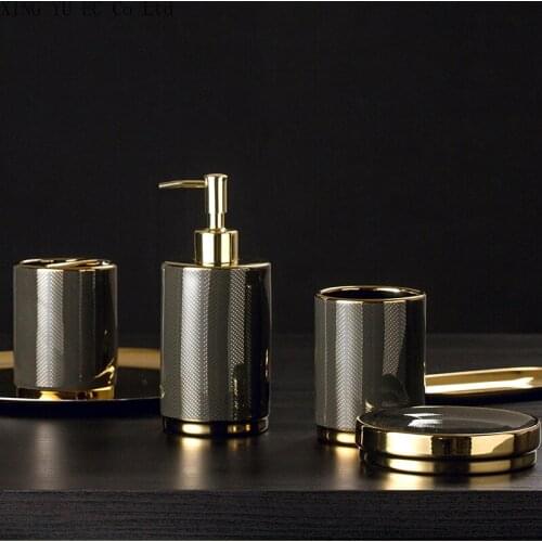 Light Luxury Ceramic Bathroom Four-piece Toothbrush Holder Lotion Bottle Mouthwash Cup Bathroom Supplies Bathroom Decoration