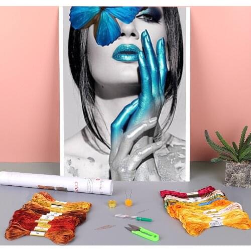 Colorful Women Calligraphy Printed Water-Soluble Canvas 11CT Cross-Stitch Embroidery Full Kit DMC Threads Craft Counted