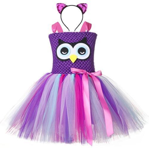 Cute Owl Girls Tutu Dress with Headband Tulle Kids Birthday Party Tutu Dresses for Girls Halloween Cosplay Animal Bird Costume