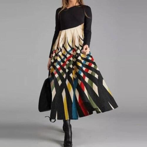 Fashion Floral Print Patchwork Dress Plus Size Women Casual Long Sleeve Midi O Neck Ladies Maxi Elegant Boho Dresses