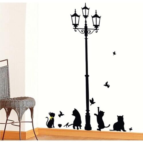 Cartoon DIY Ancient Lamp Four cats and Birds Wall Sticker Wall Mural Home Decor Room for Kids room Decals Wallpaper stickers