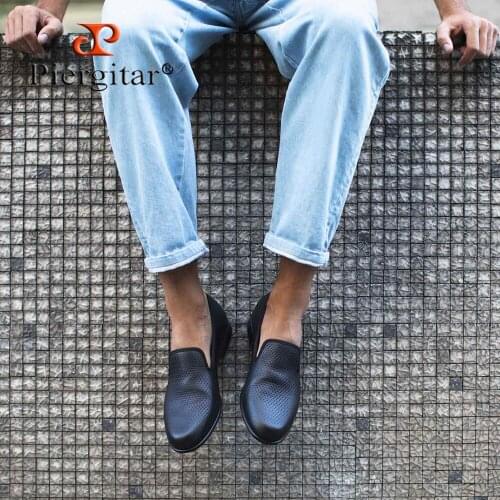 Piergitar handmade men leather shoes British style classic men loafers for party and banquet slip-on mens smoking slippers