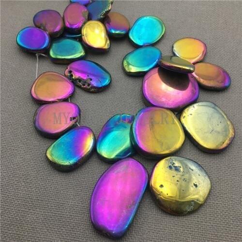 MY0116 Freeform Polished Rainbow Crystal Slice Titanium Quartz, 15.5 Inch Electroplated Quartz Stone Beads