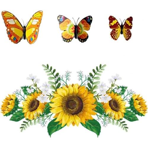 Sunflower Wall Decal 3D DIY PVC Colorful Butterfly Background Sticker Living Room Decoration Wall Stickers