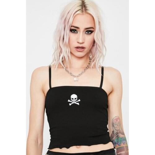 New womens suspenders, one-word neck, nightclub queen skull embroidery slim vest