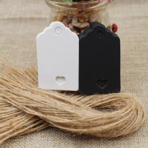 Wholesale 5*3cm DIY Kraft /black /white cardboard blank card tag with heart hollow 100pcs +100 hemp string for gifts hang tag