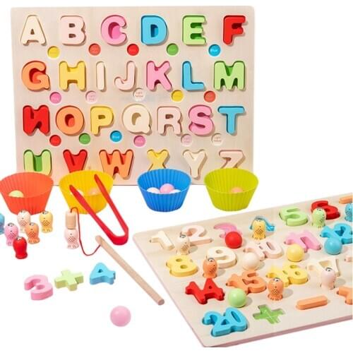 3-in-1 Baby Montessori Educational Wooden Board Toys Preschool Learning Letters Digital Board Fishing Clips Beads Sensory Toys