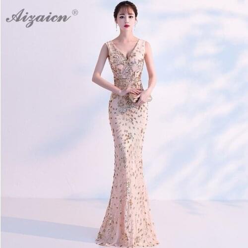 Luxury Sequin Long Cheongsam Modern China Mermaid Slim Party Vintage Gown Qi Pao Women Chinese Evening Dress Qipao Host Dresses