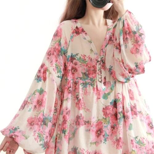 Cottage Fairy Core Shirt Floral Print V-neck Lantern Sleeve Shirt Women Soft Cotton Oversized Shirt Mori Girl Sweet Blouse Femme