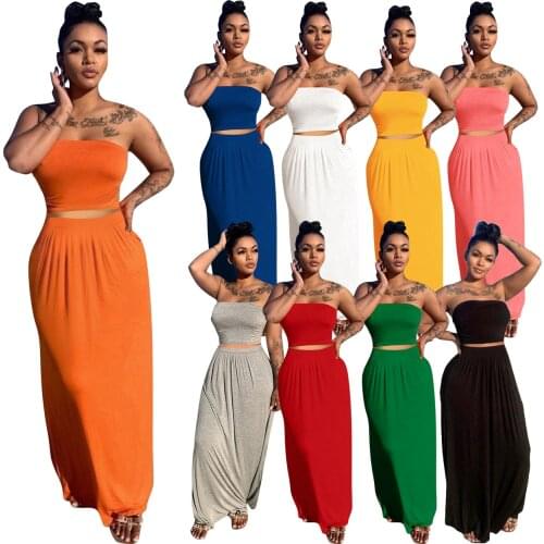 Sexy Strapless Top 2 Pieces Skirts Sets Women Summer Outfits Tube Crop Top and Long Skirts 2021 Streetwear Vacation Clothes