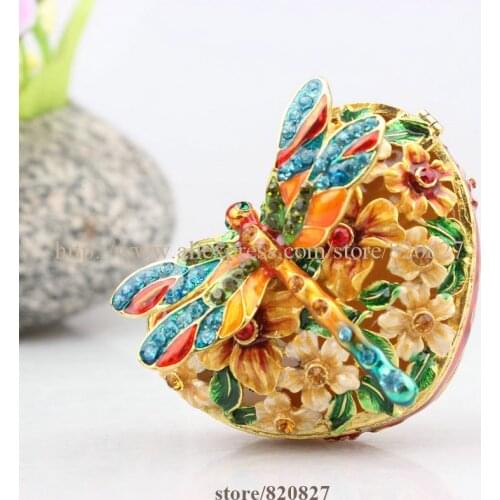 Floral and Dragonfly Handmade Jeweled Trinket Box Dragonfly And Flower Heart Trinket Box Metal Dragonfly Jewelry Box