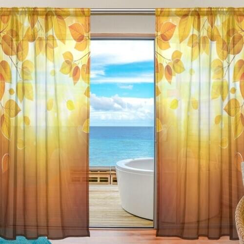 2 Pieces Custom Curtain Home Decor Autumn Maple Leaf Sheer Curtain Photo Paint Yellow Leaves Window Curtains for Living Room