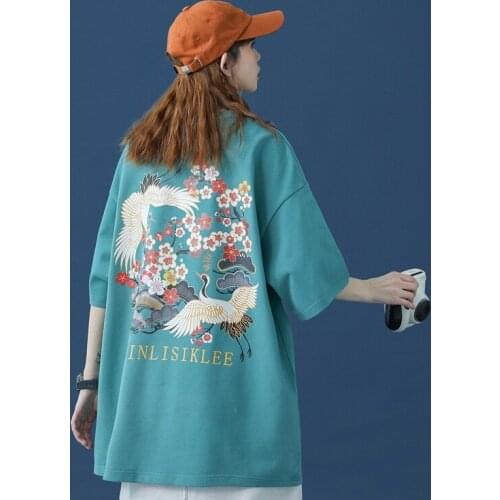 Asian Streetwear WomenS Clothing 2021 Summer New Crane Printed Plus Size Tee Top Short Sleeve Harajuku Hip Hop T-Shirt 31218