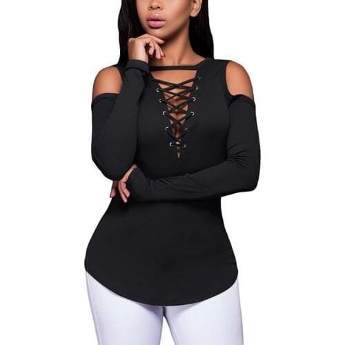 2020 New Womens Spring and Autumn Base T-Shirt Sexy Slim Cross Deep V-Neck Strapless Solid Color Black Brown Wine Red Tees Tops