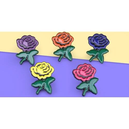 Cartoon Rose flower Brooches Enamel Pins Yellow orange red purple blue Rose Women Clothes Collar Lapel Jewelry 5 Styles Spille