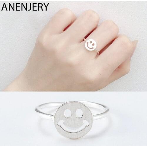 ANENJERY 925 Sterling Silver Personality Simple Hollow Smiling Face Rings Adjustable Rings For Women Jewelry Presents S-R502
