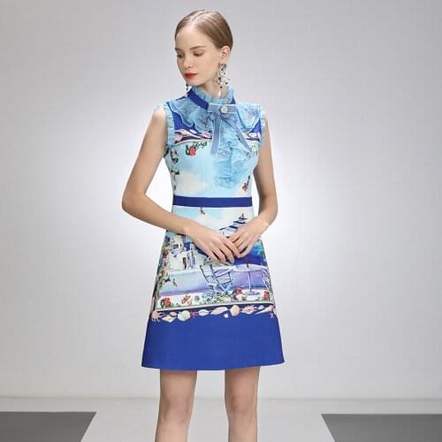 Luxury Landscape Print Women Beaded Dress Fashion Bow Sleeveless A-Line Dresses 3186