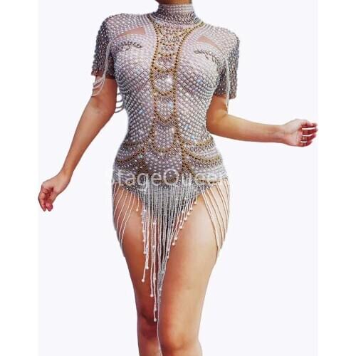 Women Sexy Rhinestones Pearls Bodysuit Sexy Stretch Dance Leotard Costume Performance Party Celebrate Stage Show Stones Wear
