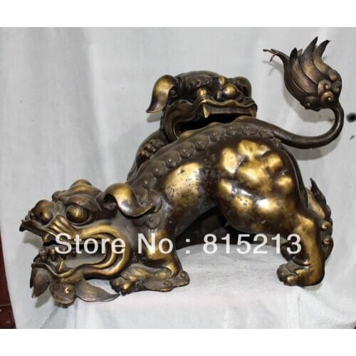 Bi00526 24" Chinese Bronze Fengshui Double Foo Fu Dog Lion Statue Incense Burner Censer